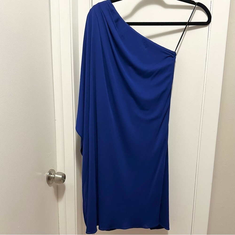 Badgley Mischka Mark & James Royal Blue One Shoulder Drape Mini Dress XS - Picture 4 of 11